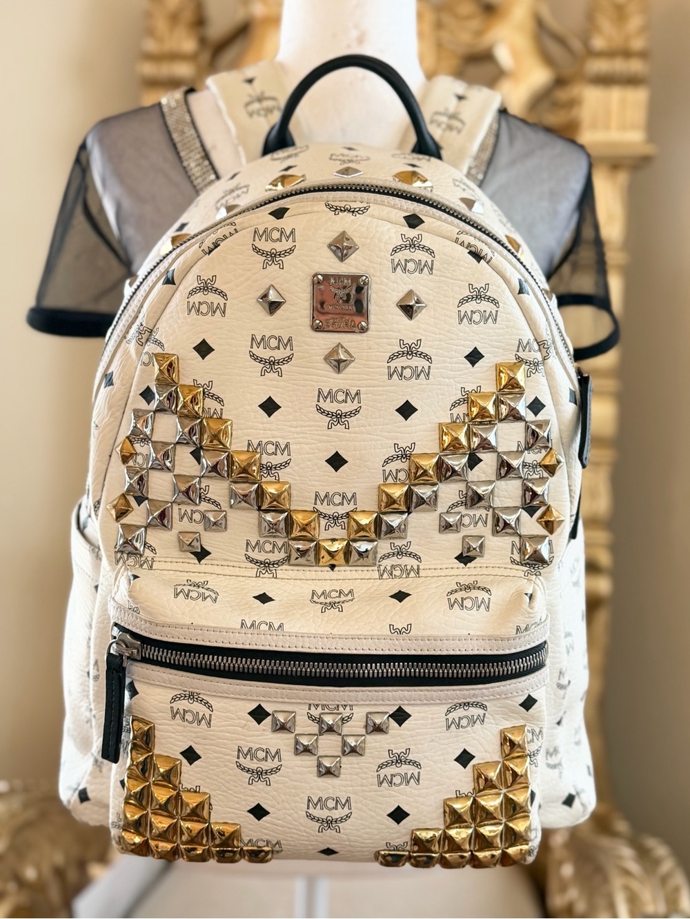 MCM White Visetos Gold & Silver Studded Stark Backpack With COA